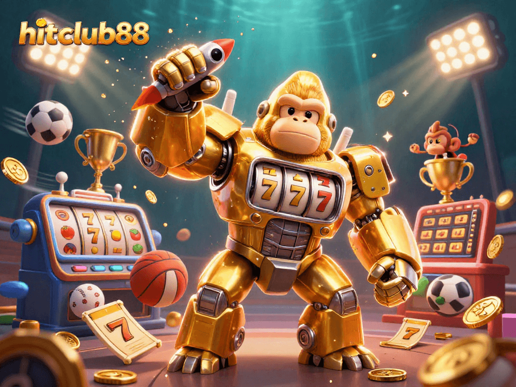 Experience thrilling wins at hitclub88 with a vibrant casino scene featuring a golden gorilla mech.