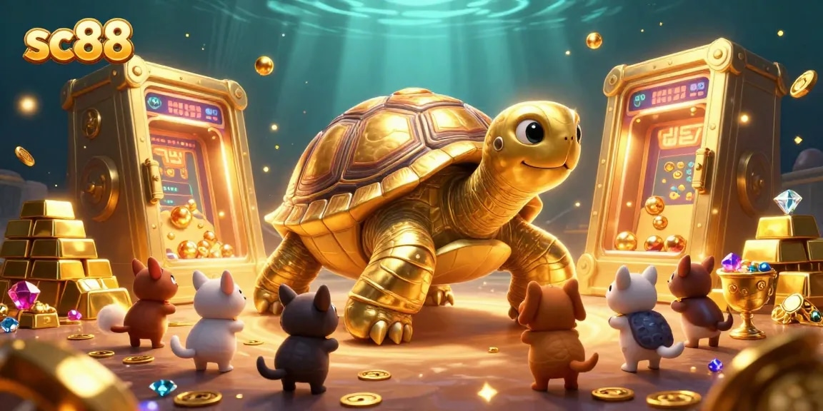 Play sc88 at a vibrant casino scene filled with golden tortoises, treasures, and animated excitement.
