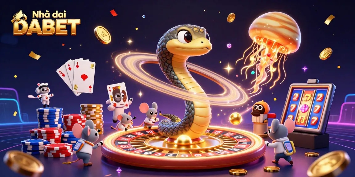 Experience Nhà cái DABET with astronaut mice betting on a roulette wheel in an exciting cosmic casino scene.