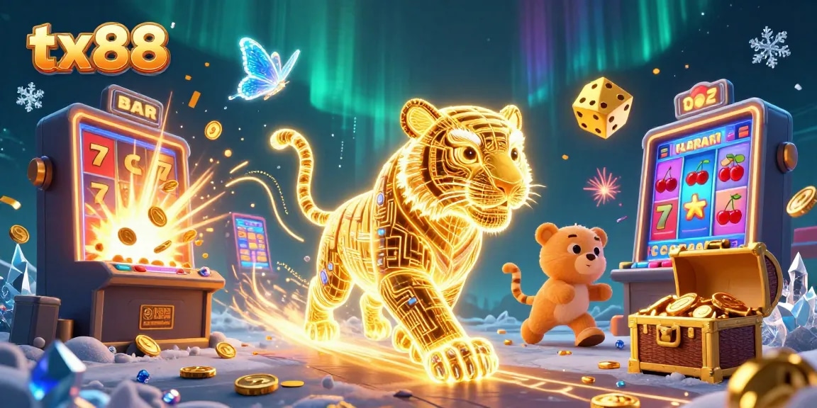 Experience thrilling slots action with tx88's vibrant casino illustration of a golden tiger amidst a jackpot explosion.