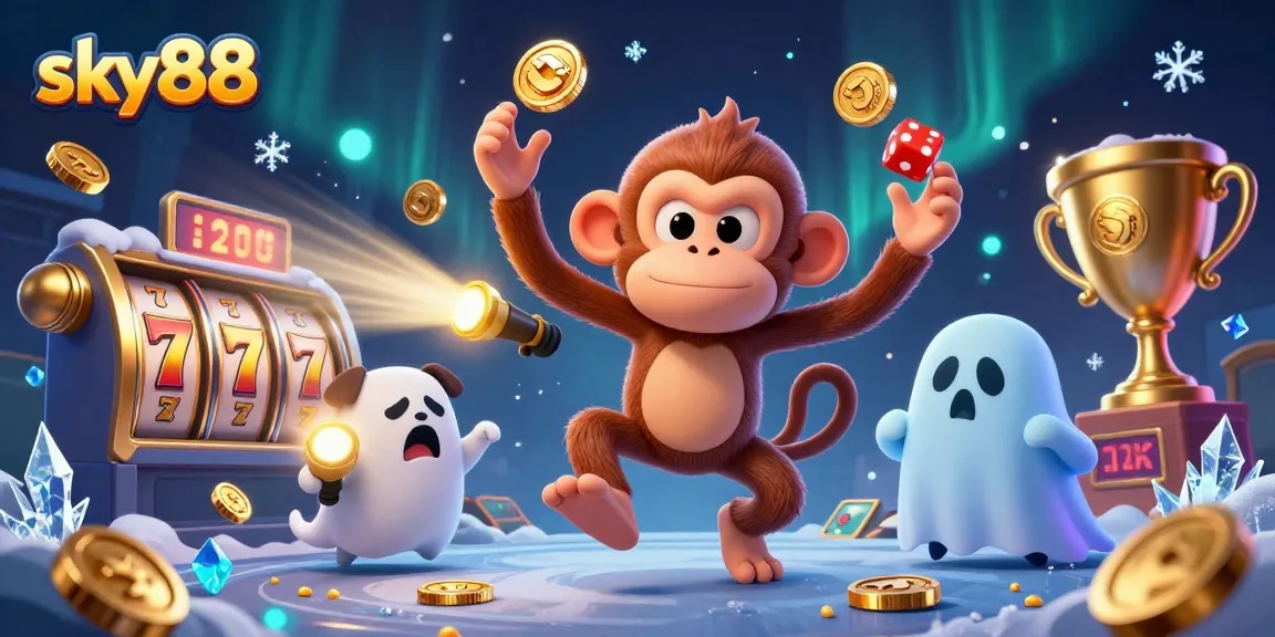 Sky88 offers an exciting casino experience with golden coins and jackpot reels in this vibrant illustration.