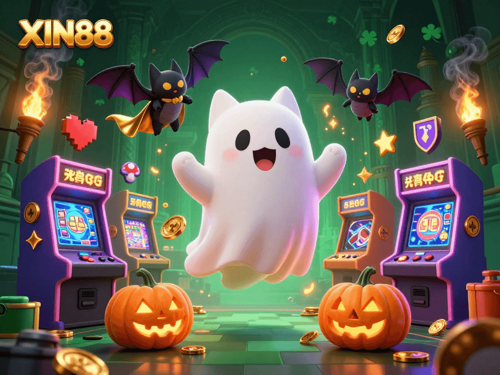 XIN88 brings excitement with a ghost cat, bat, and glowing pumpkins in a lively casino scene.