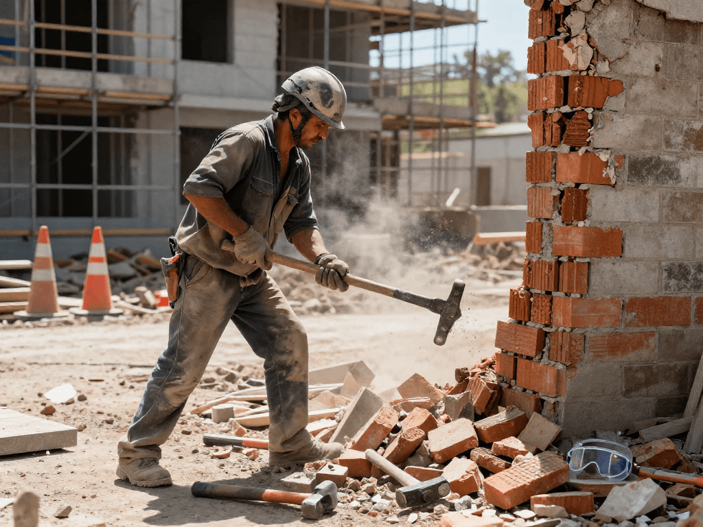 Laborer using a fubar wrecking bar to demolish a brick wall at a construction site.