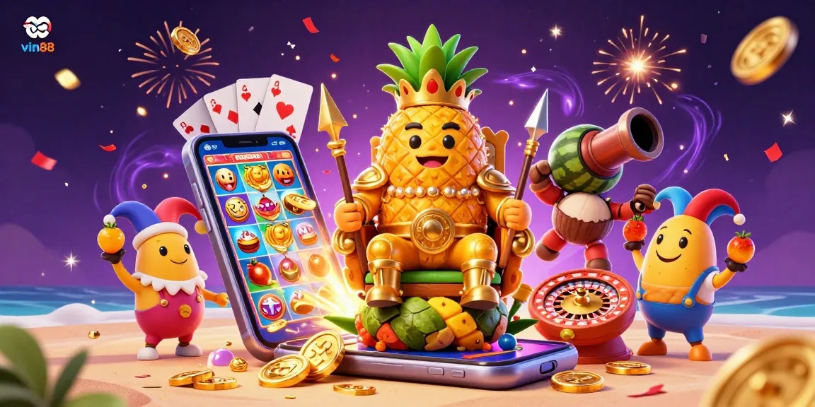 Win big with vin88 in this thrilling online casino scene featuring a golden pineapple king and dynamic game elements.