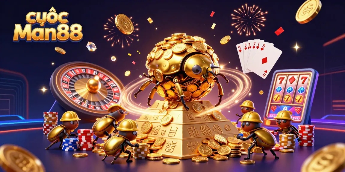 Cấp up your bets at cược Man88 with cascading coins and 3D casino elements flying around