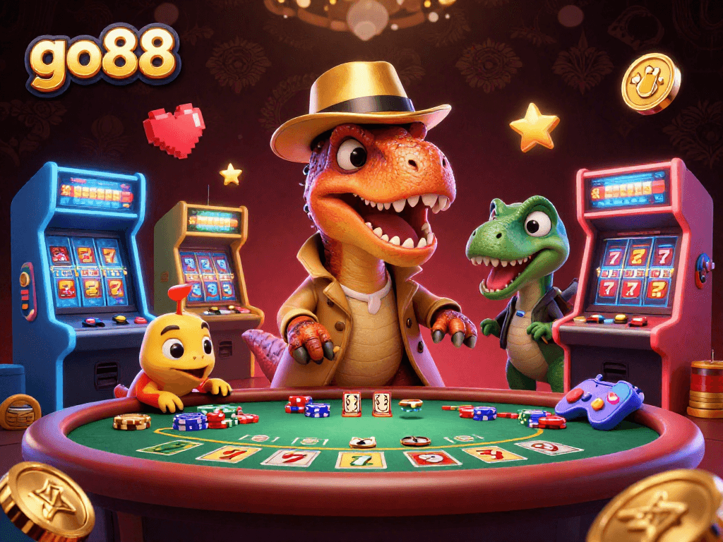 Experience thrilling casino action with go88's cartoon velociraptor card counter sneaking chips at a blackjack table.