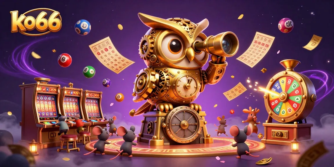 Engaging ko66 casino scene with a golden owl, mouse patrons, and lottery elements.