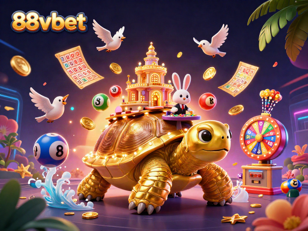 Play exciting games at 88vbet, featuring a golden tortoise casino illustration with lively elements.