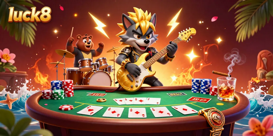 Join the fun at luck8 as the rock star wolf plays guitar on a vibrant casino stage filled with poker elements.