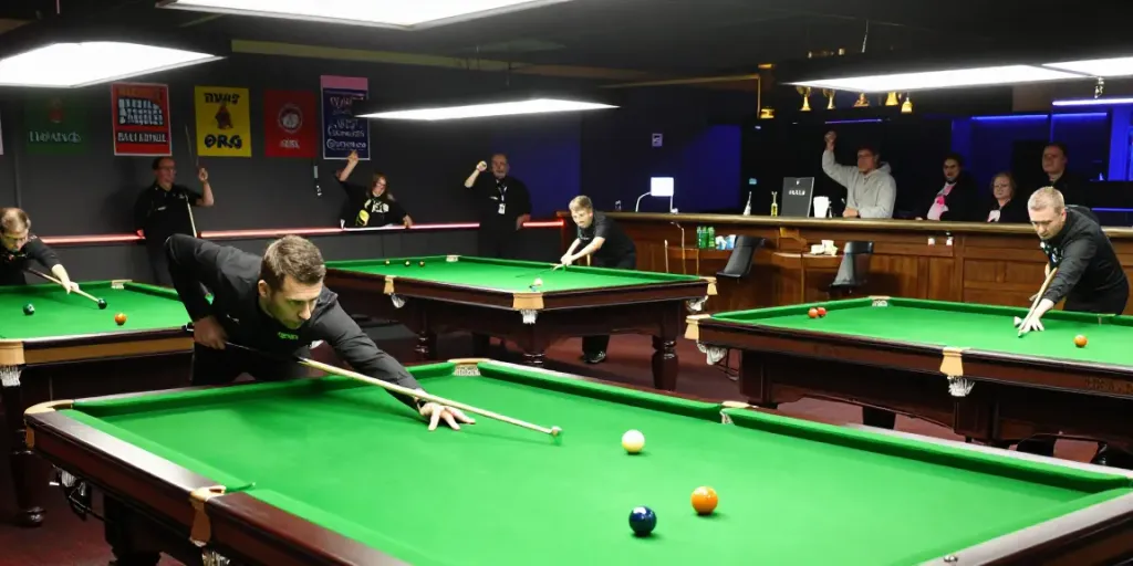Intense snooker match at local club according to Snooker Hub, players focused and spectators engaged.