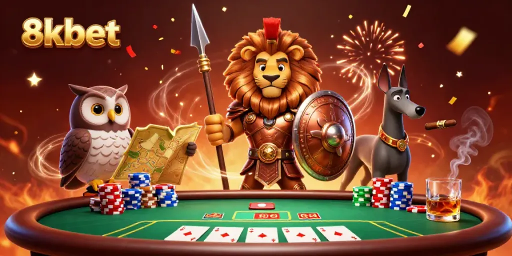 Experience thrilling poker action with 8xbet in a vibrant, engaging 3D casino illustration.
