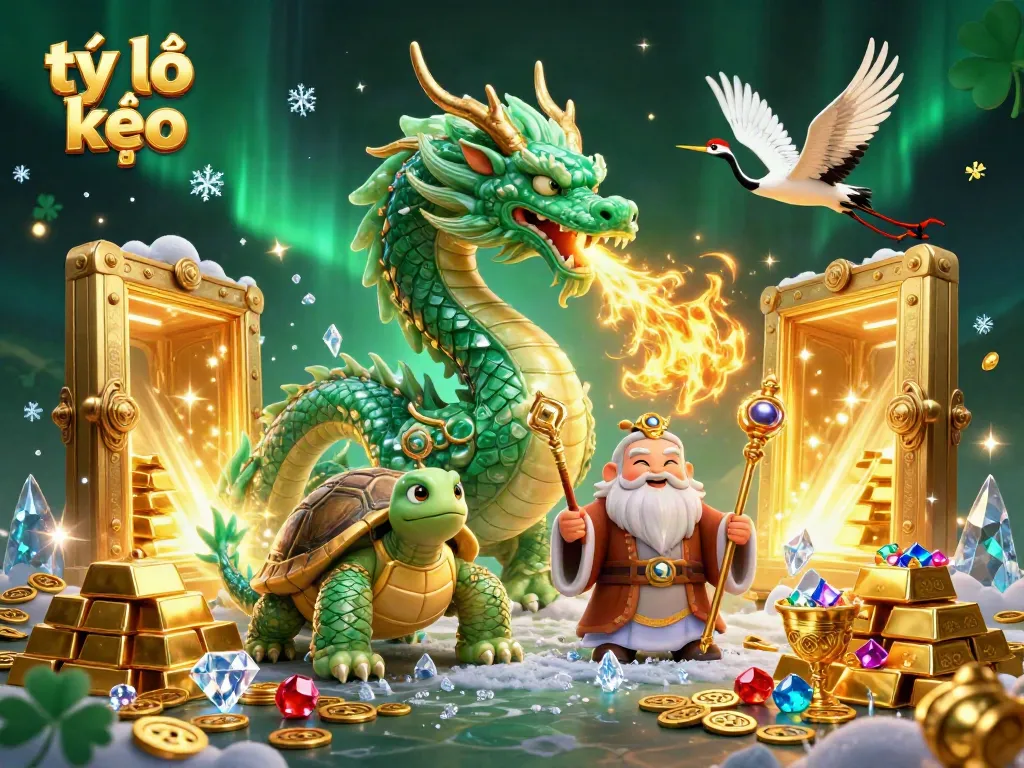 Engage with tỷ lệ kèo through a vivid 3D illustration featuring a jade dragon, a turtle sage, and lucky cranes.