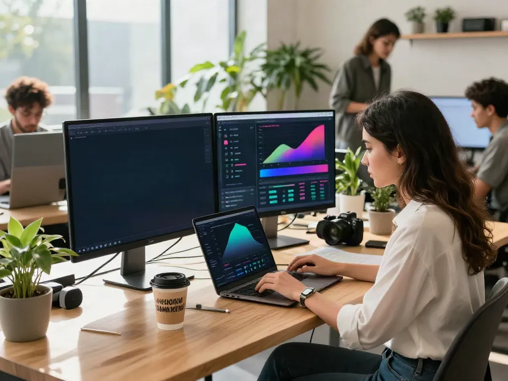 Buy followers to enhance social media engagement in a vibrant workspace.