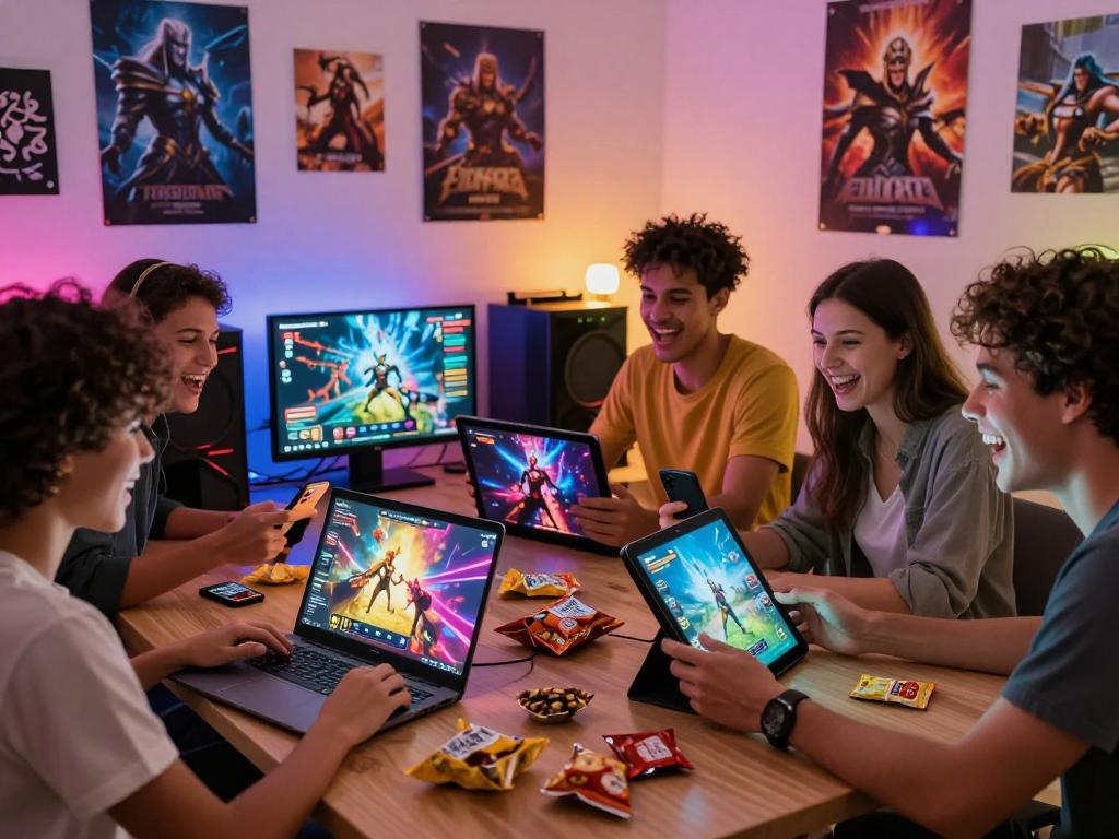Friends enjoying porn games on multiple devices in a cozy gaming setup.