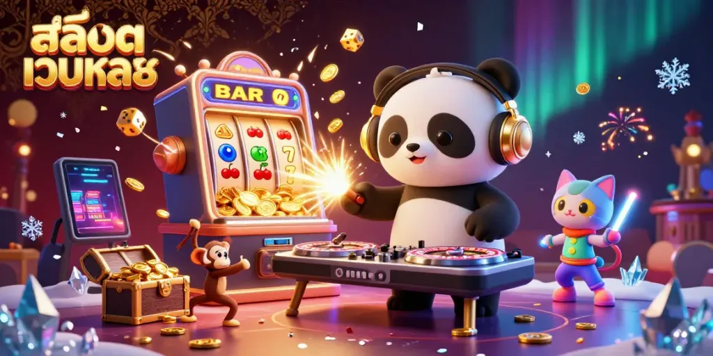 Experience the thrill of สล็อตเว็บตรง with DJ panda, dancing monkey, and rave kitten in a vibrant 3D casino scene.