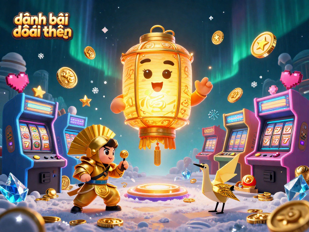 Engaging illustration showcasing đánh bài đổi thưởng with golden lantern spirits, arcade elements, and slot game features.
