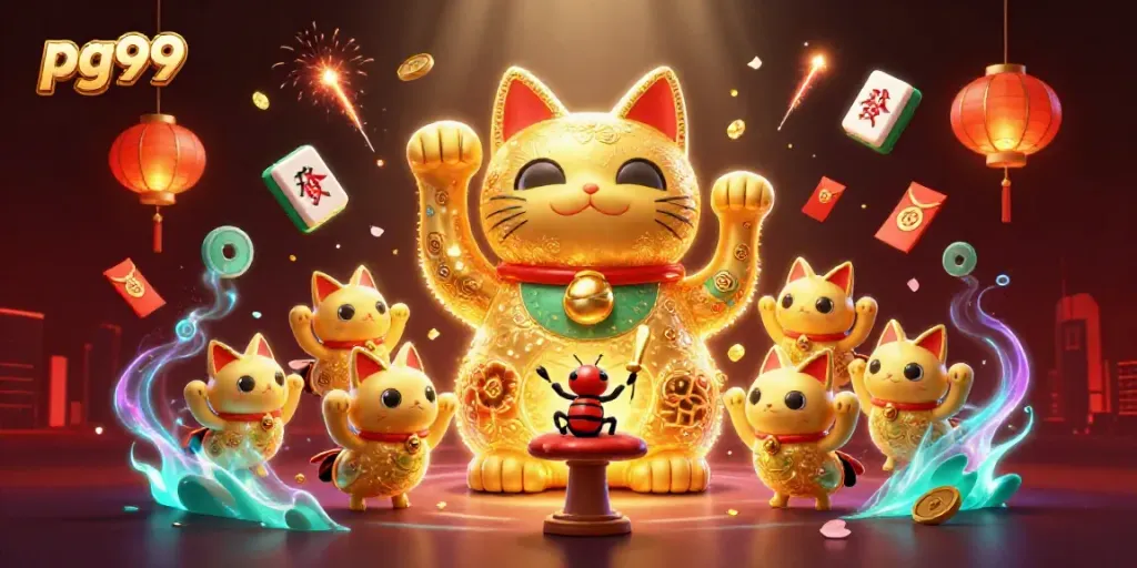 Dive into the pg99 gaming experience with a vibrant illustration of a golden lucky cat and dynamic casino symbols.