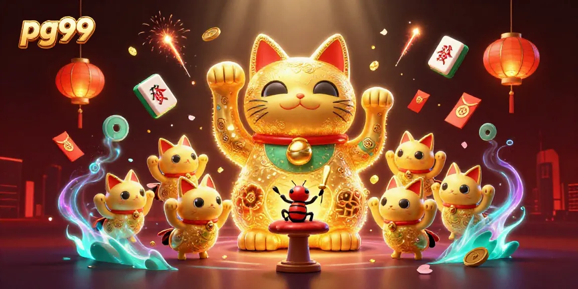 Dive into the pg99 gaming experience with a vibrant illustration of a golden lucky cat and dynamic casino symbols.