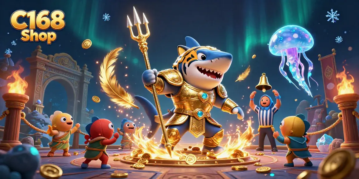 Engage in thrilling casino adventures at C168 Shop with a fierce tiger shark and dynamic gaming elements.