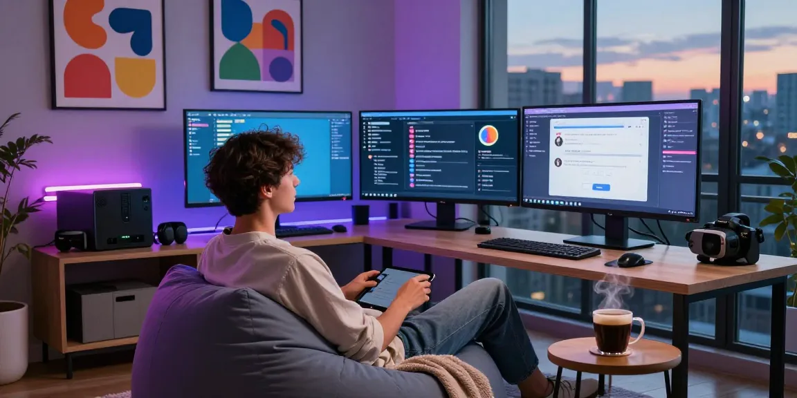 Engaging in AI chat nsfw in a colorful home office with modern tech and cozy decor.