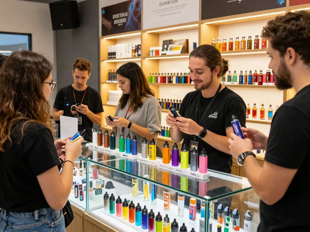 Exploring how much nicotine is too much while shopping for rechargeable vape kits and e-liquids in a vibrant vape shop.