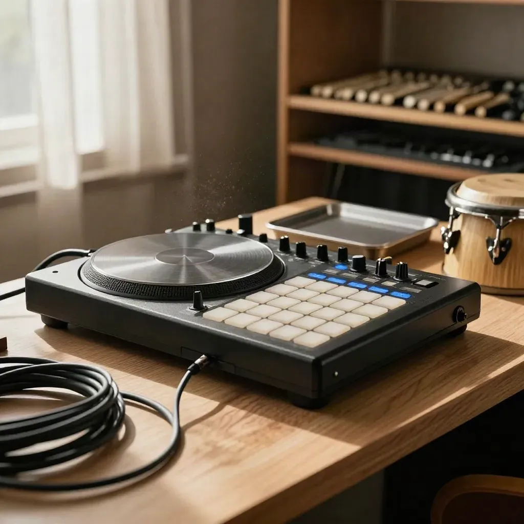 Sunlit drum machine, shaker tray, conga, pad controller, and cables in a warm studio corner.