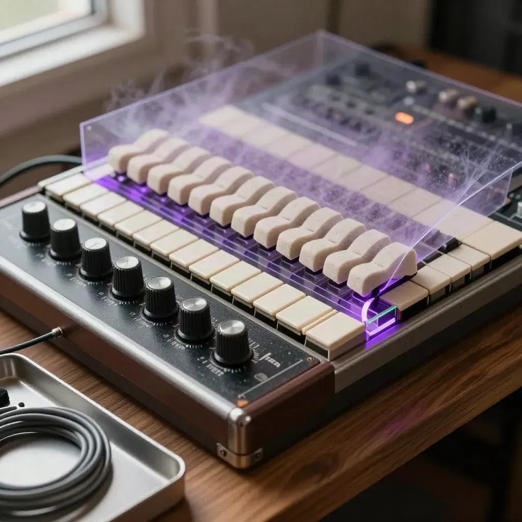 Vintage synth parts layered on a walnut bench with violet glints and soft studio light.