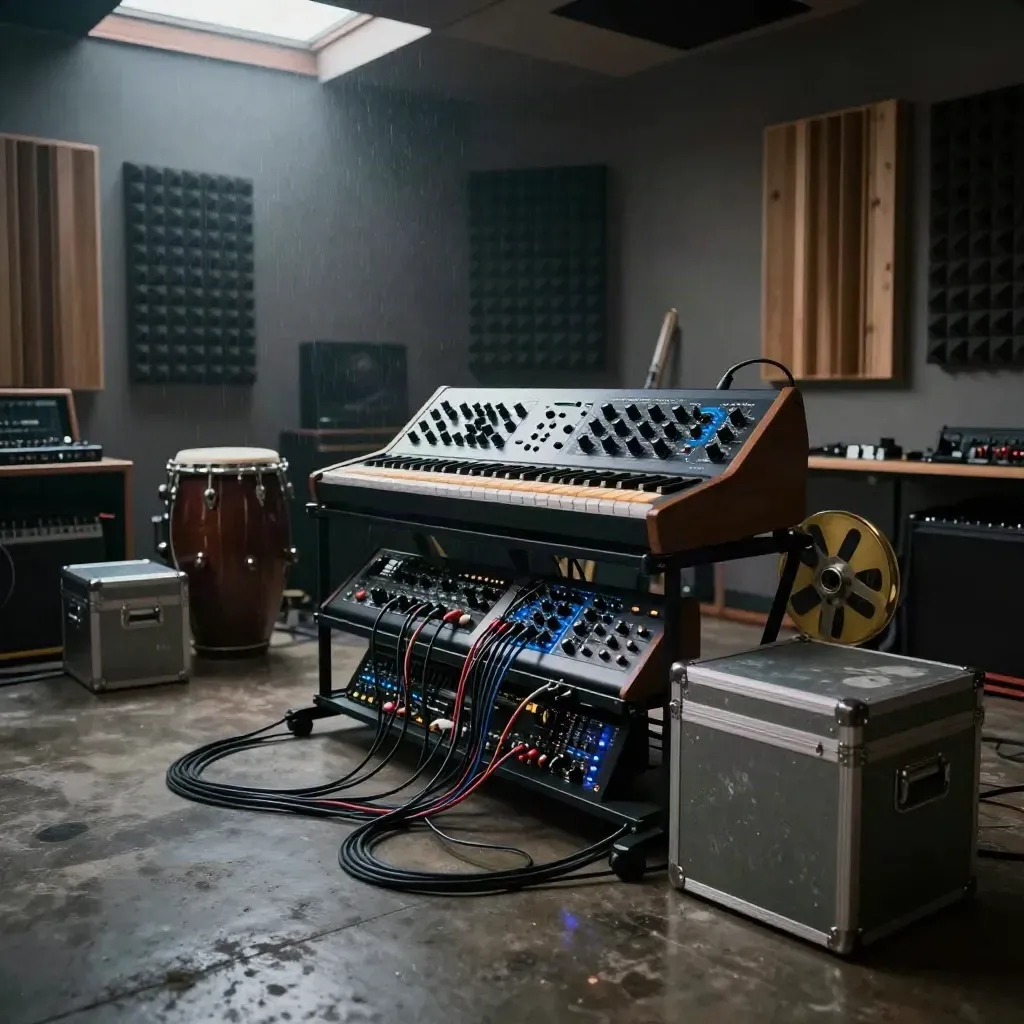 Rain-hazed studio floor with synth rack, drum machine, tape reels and sample crates.
