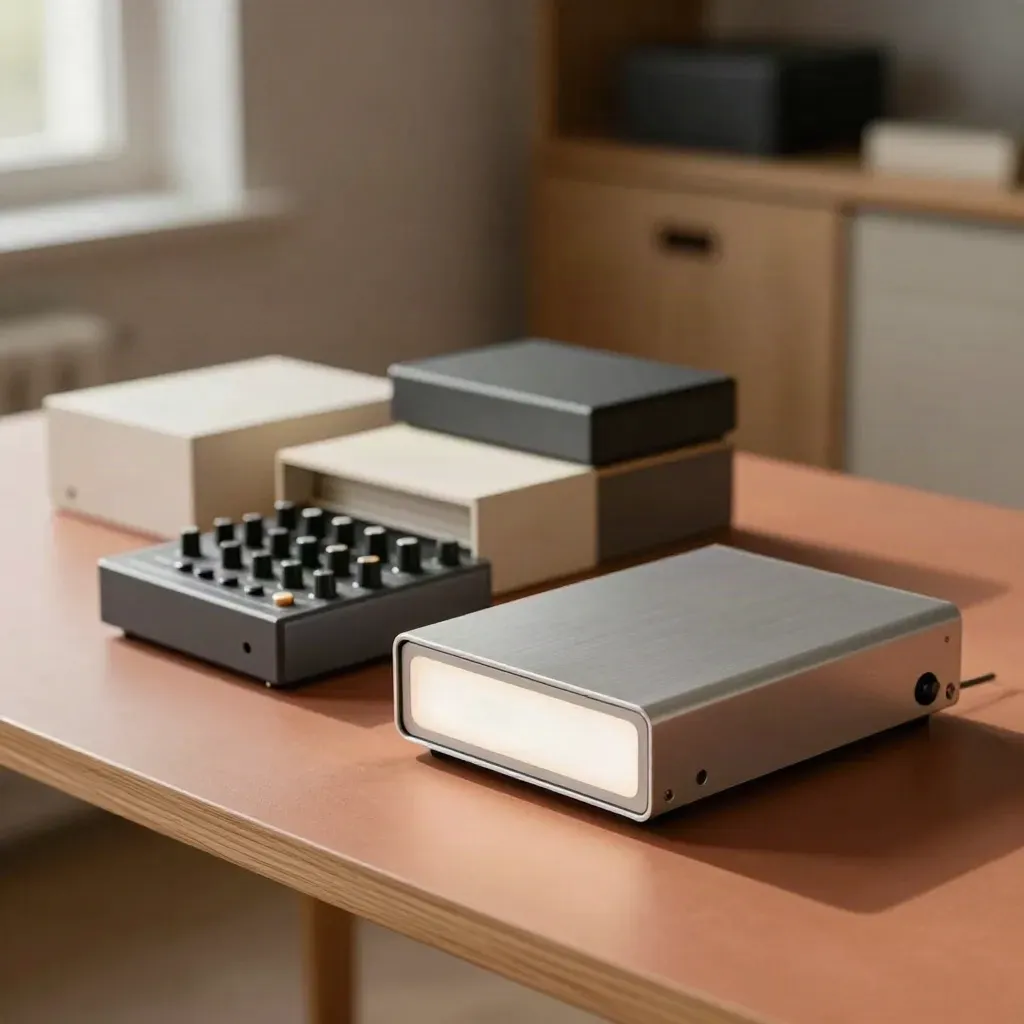 External drives and closed caddies arranged beside a compact mixer in warm studio daylight.
