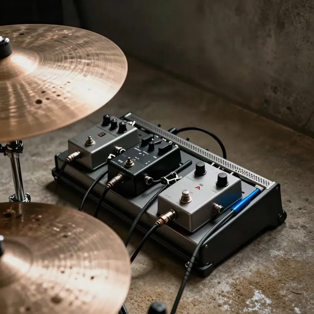 Macro of cymbal, impact plates, riser rail and pedal board in a hazy studio corner.