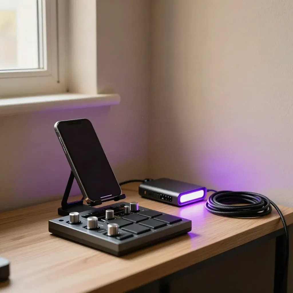 Sampler, phone stand, export drive and clip light on a warm studio shelf by a sunlit window.
