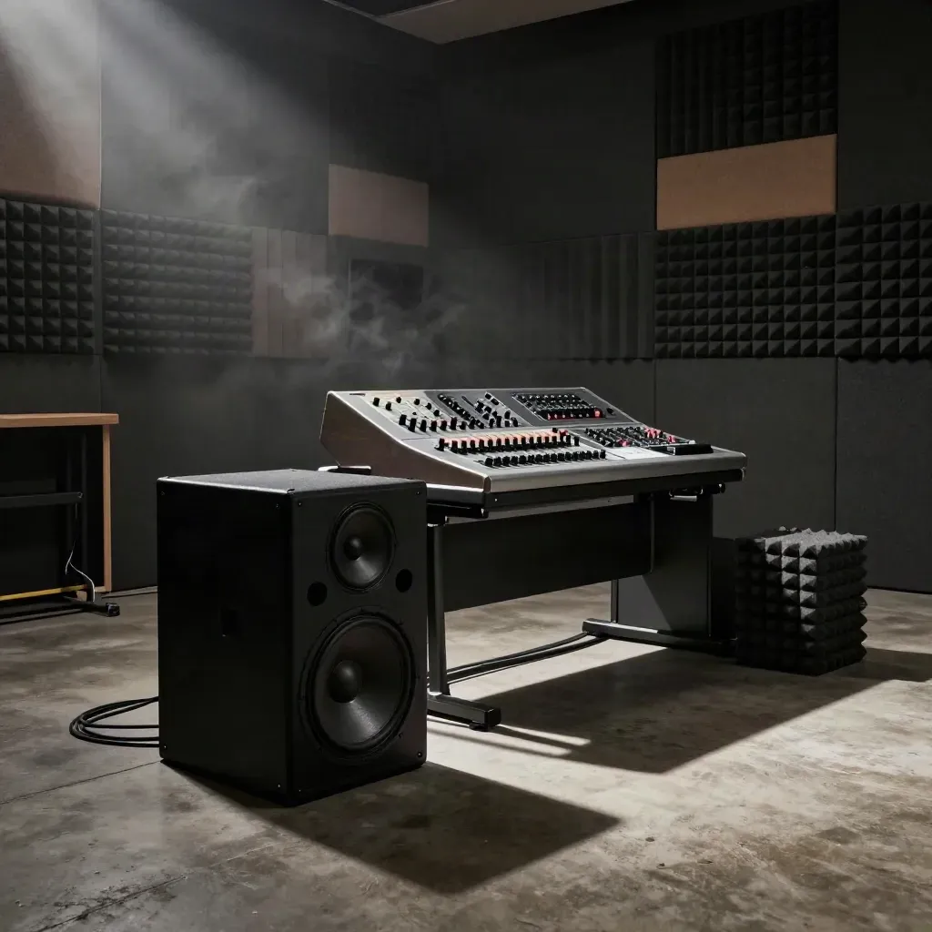 Moody scoring bay with speaker stack, bass module, and foam blocks in haze.