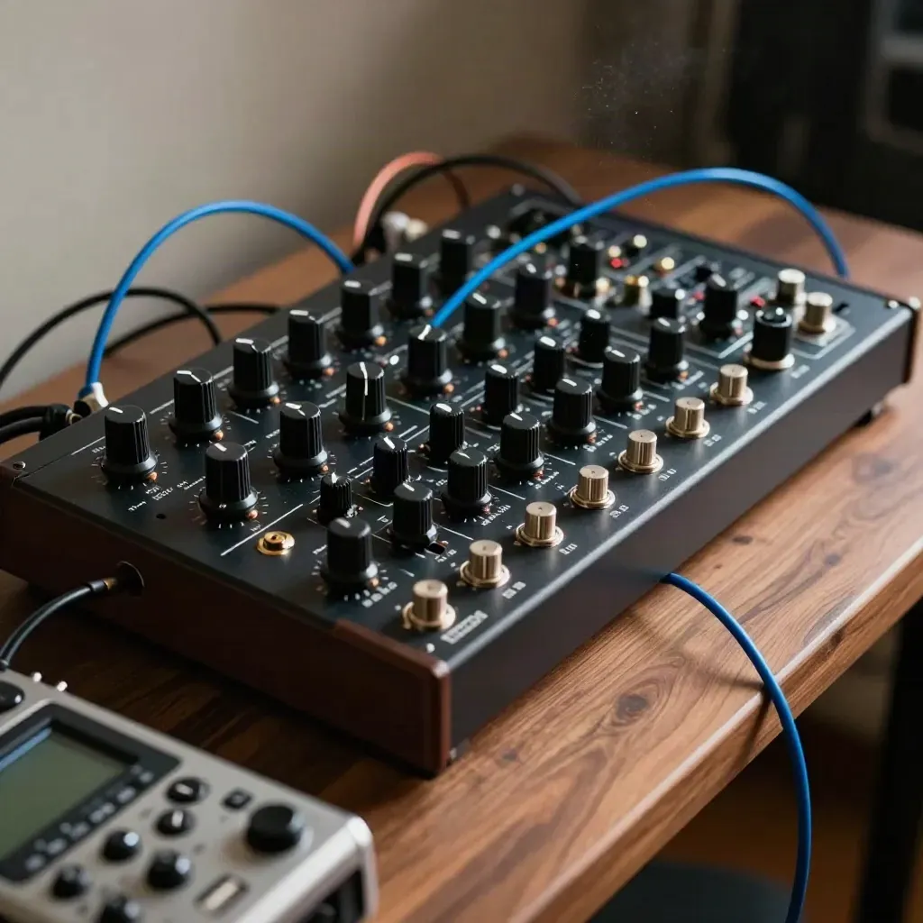 Modular synth cluster with patch cables and a field recorder in dramatic studio light.