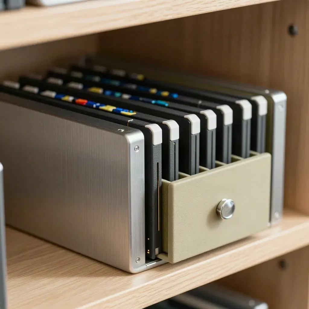 Macro of SSD caddies and SD cards lined up in archive drawers for a sample library.