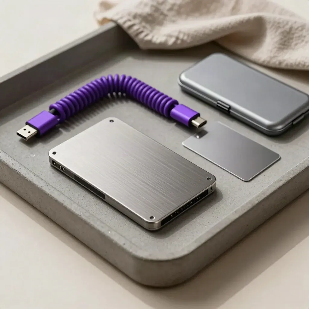 SSD, cable, card, and case arranged on a concrete tray with soft daylight.