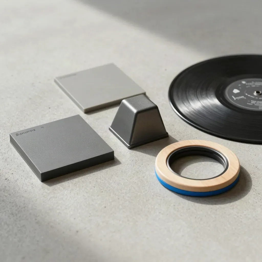 Overhead flatlay of drum pad, synth key, texture disc, and FX ring on concrete.