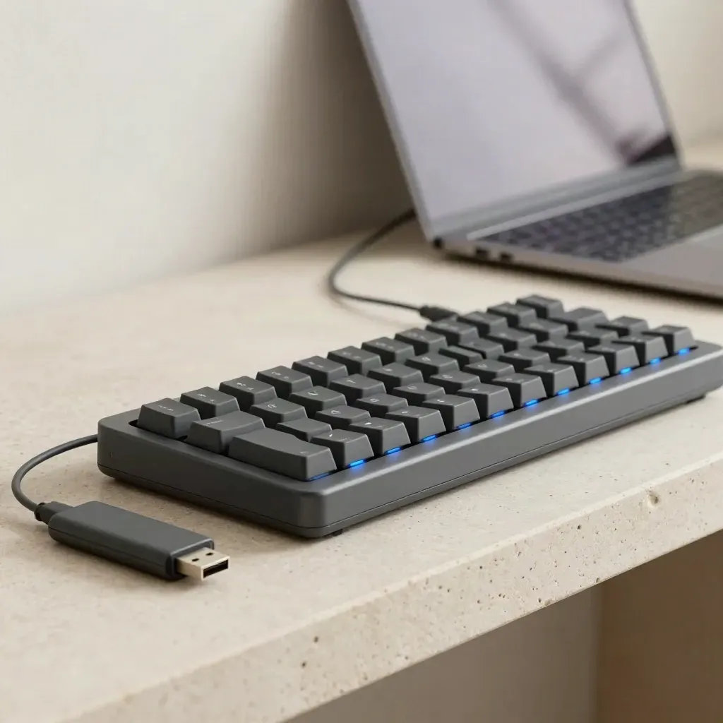 Compact MIDI keyboard, USB drive, laptop, and patch cable on a stone shelf