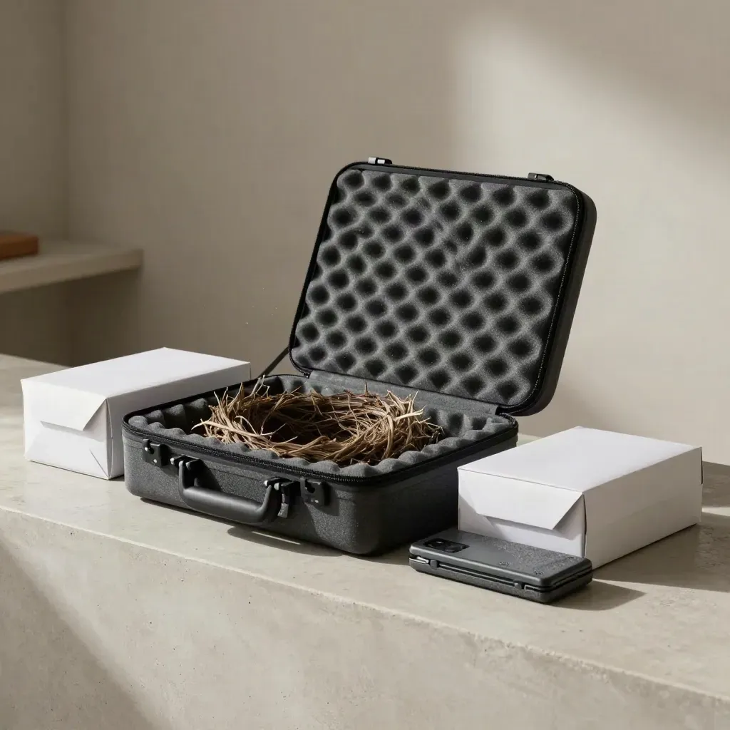 Foam-lined case, export drives and sealed mailer boxes on a pale concrete bench, softly lit.