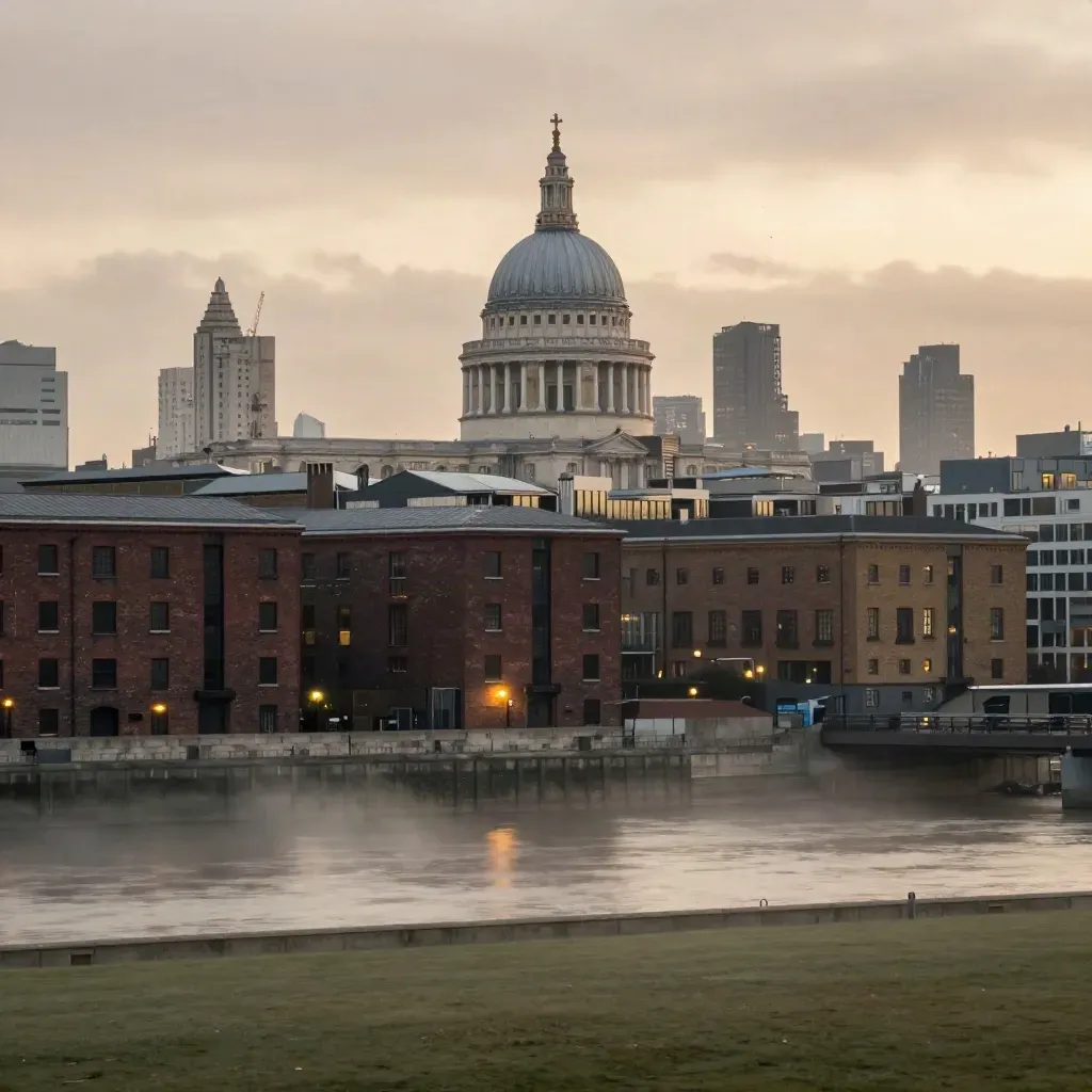 Hazy Thames skyline with brick warehouses, distant dome, and calm river light under warm evening haze.