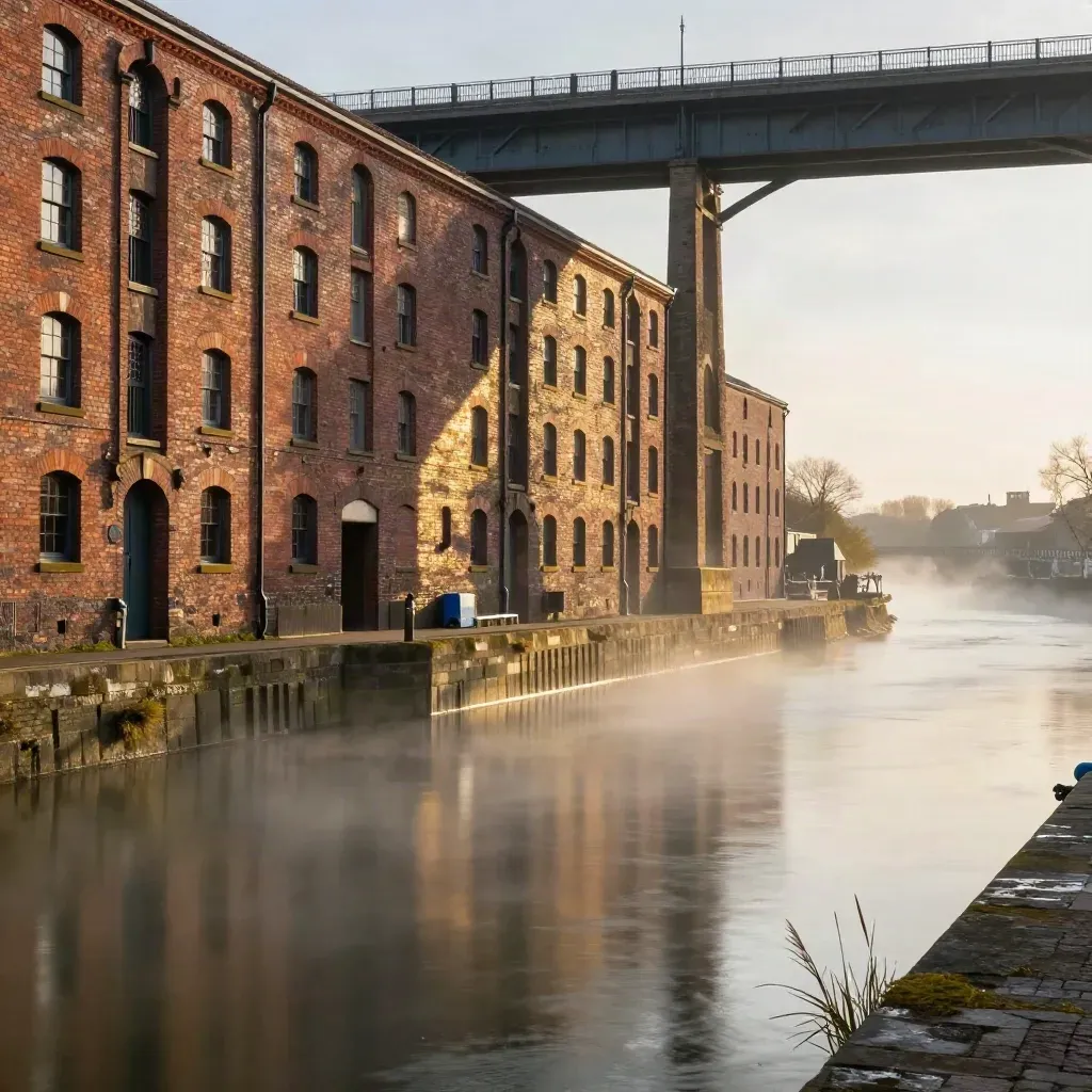 Golden-hour canal warehouses and viaduct above a hazy basin, with calm water for copy.