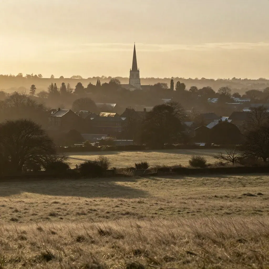 Hazy West Midlands pasture with a distant church spire and low industrial skyline at golden hour.