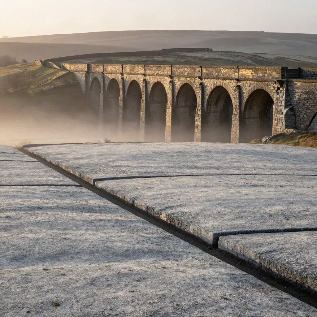 Misty West Yorkshire limestone viaduct and moorland textures under warm evening haze.