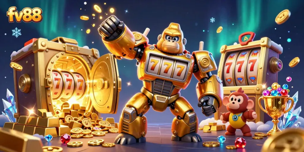 Fv88 showcases a thrilling scene of dynamic casino excitement with a golden gorilla mech.