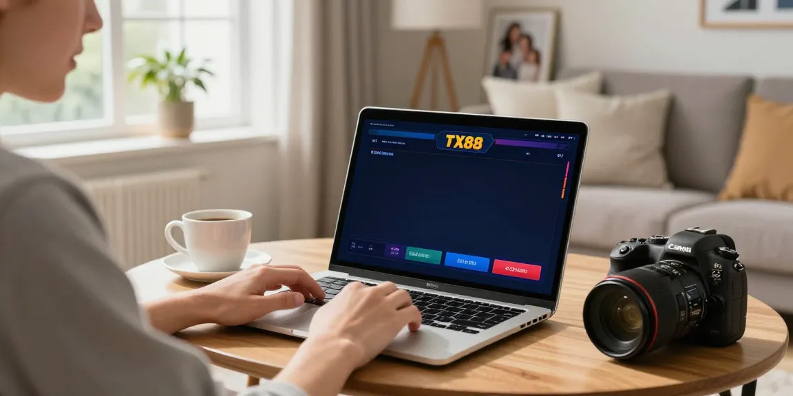 tx88 online gambling platform with a user engaged in a vibrant living room.