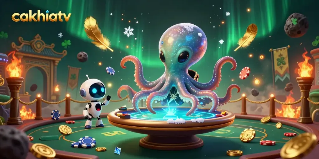 Engage with lively sports betting at cakhiatv, featuring an alien octopus and poker elements in a detailed 3D scene.