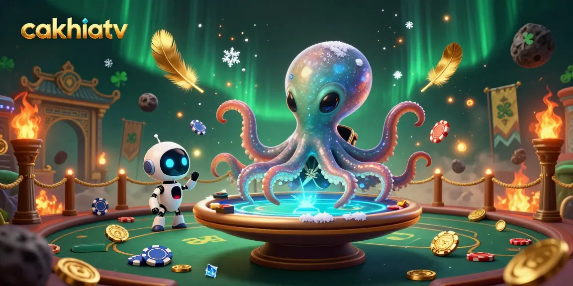 Engage with lively sports betting at cakhiatv, featuring an alien octopus and poker elements in a detailed 3D scene.