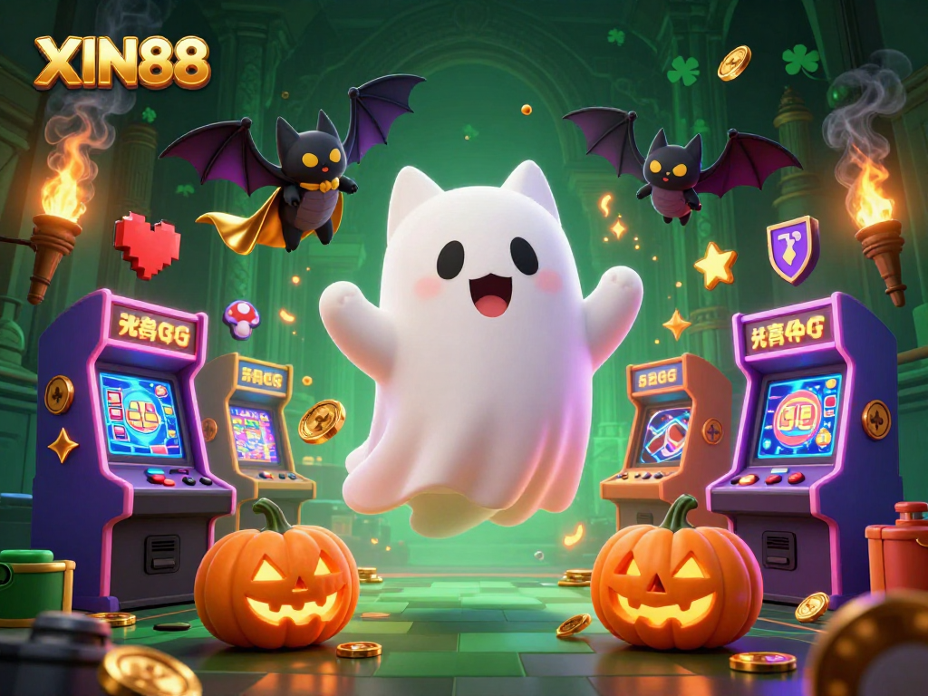 XIN88 brings excitement with a ghost cat, bat, and glowing pumpkins in a lively casino scene.