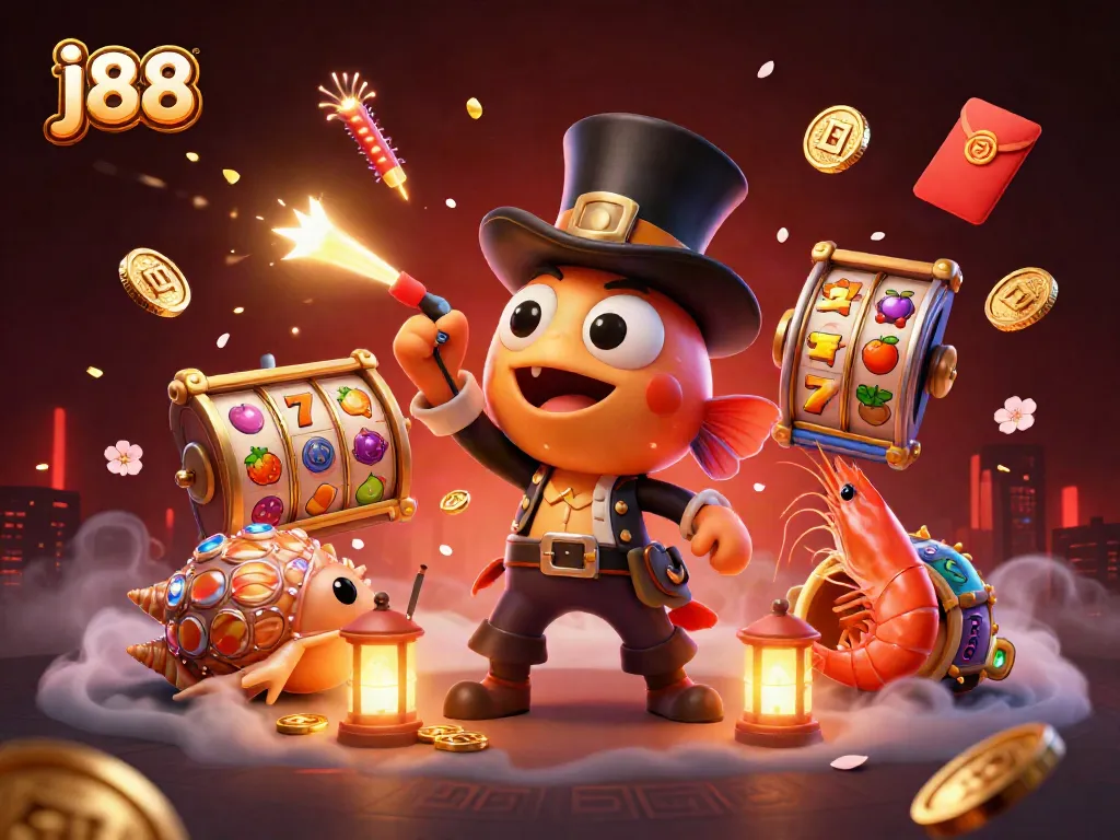 Engage with j88's captivating casino world featuring an anglerfish attracting gold while celebrating luck and fortune.