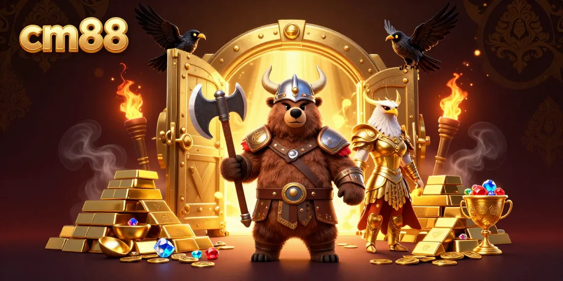 Experience cm88's thrilling adventure with vibrant Viking and eagle characters amidst golden treasures.