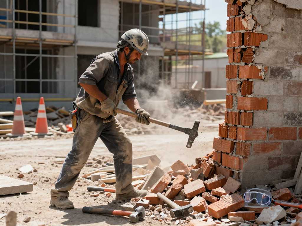 Laborer using a fubar wrecking bar to demolish a brick wall at a construction site.